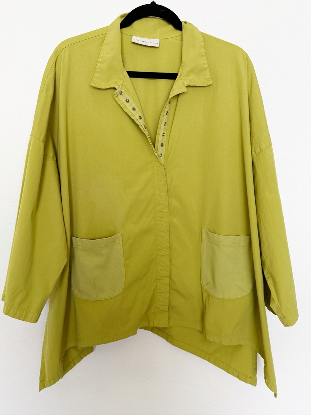 Eleven Stitch Design Chartreuse Green Oversized Snap Front Swing Tunic Made USA